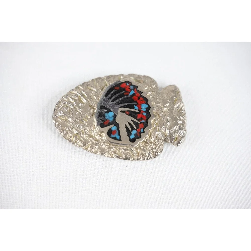 PSS Belt Buckle Vintage 80s Silver Red Blue Good Arrowhead Native American Chief